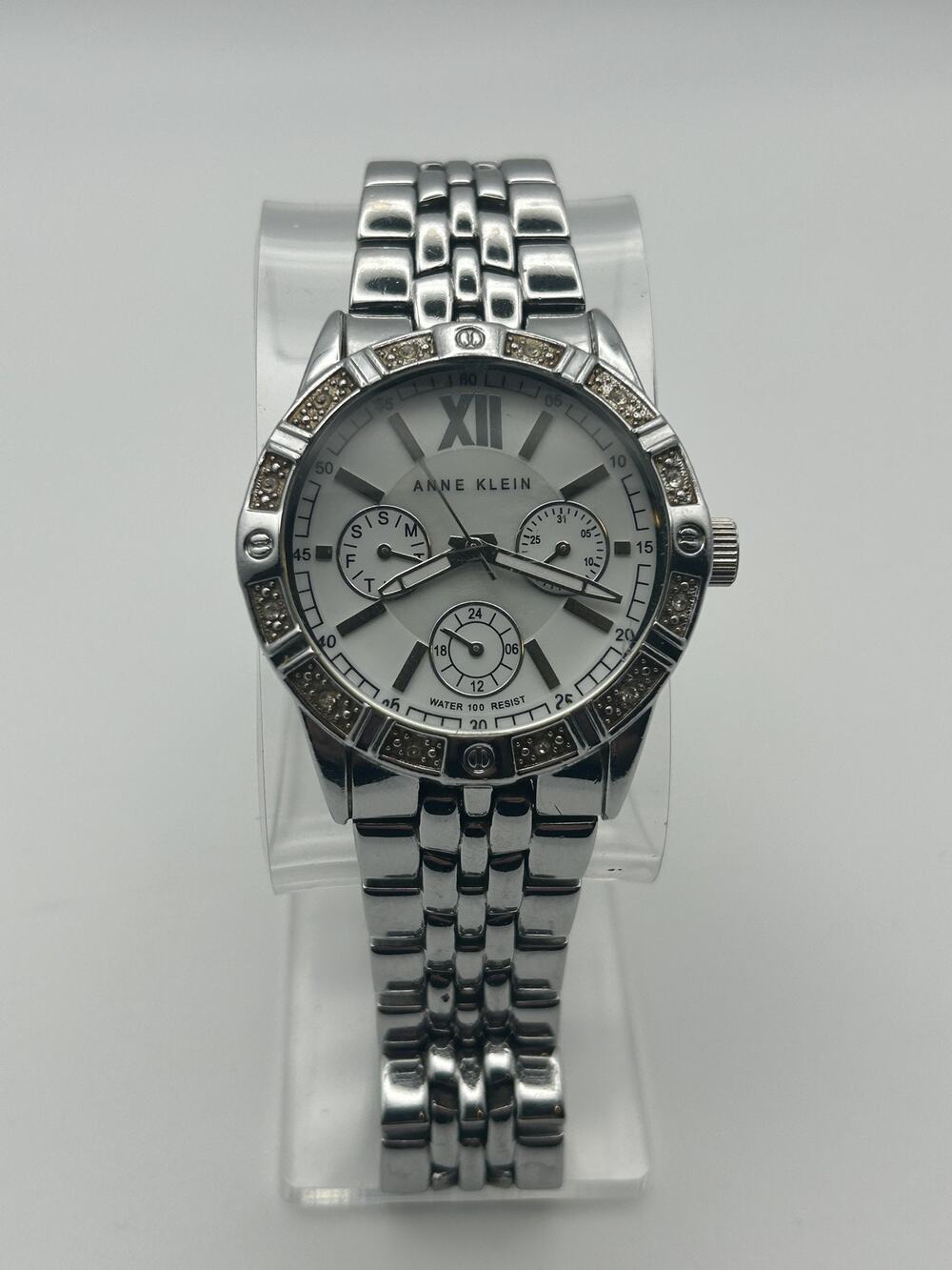Anne Klein AK/1001 Womens Watch Multifunction Crystal Bezel Silver Tone Bracelet